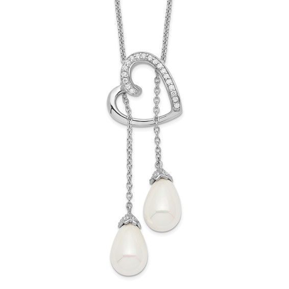 Sentimental Expressions Sterling Silver Rhodium-plated FW Cultured Pearl CZ Two Become One 18in Heart Necklace