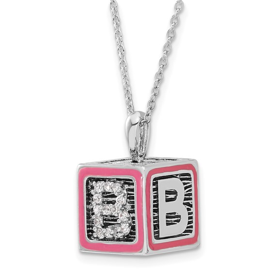 Sterling Silver Antiqued CZ & Pink Enamel Family Building Blocks Necklace
