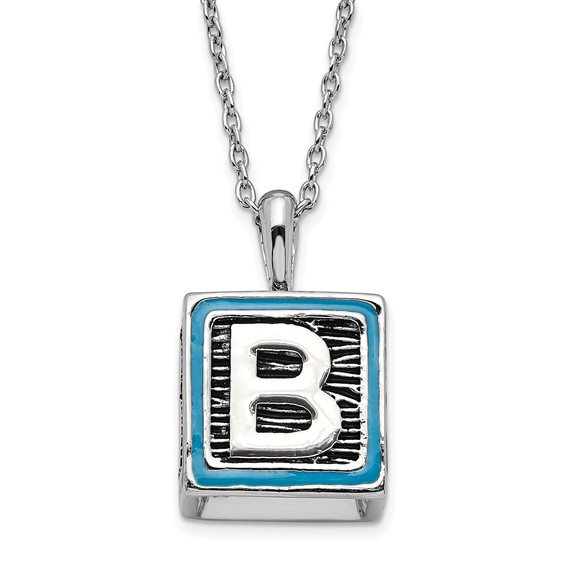 Sentimental Expressions Polished & Antiqued Blue Enameled & CZ Family Building Blocks Necklace