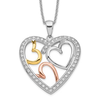 Sentimental Expressions Sterling Silver Rhodium Rose and Gold-plated CZ The Bond of Love Heart 18 inch Necklace with Poem Card
