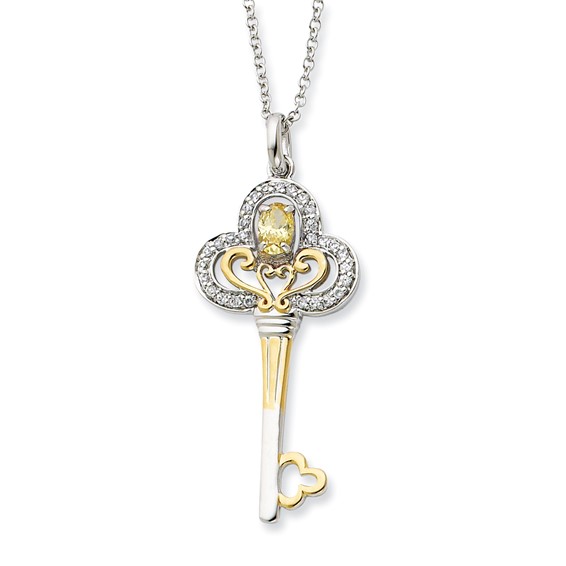 Sterling Silver & Gold-plated Nov. CZ Birthstone Key 18in Necklace