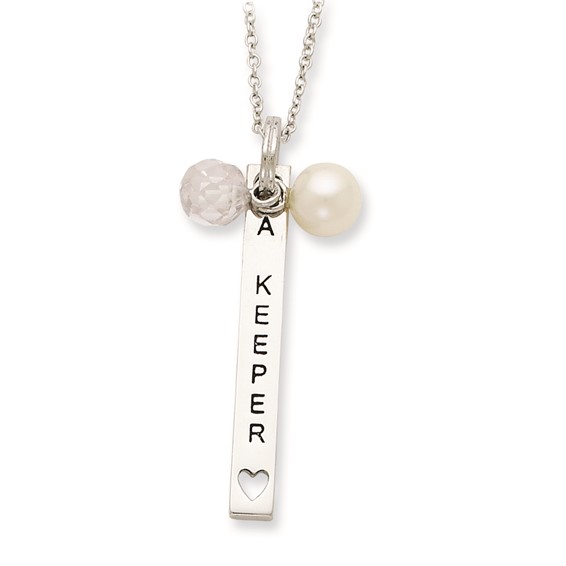 Sentimental Expressions Sterling Silver Polished & Antiqued Freshwater Cultured Pearl & CZ I Am A Keeper Necklace