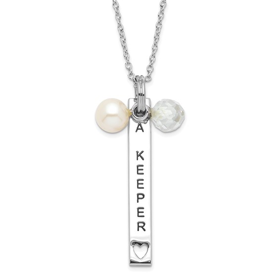 Sentimental Expressions Sterling Silver Polished & Antiqued Freshwater Cultured Pearl & CZ I Am A Keeper Necklace