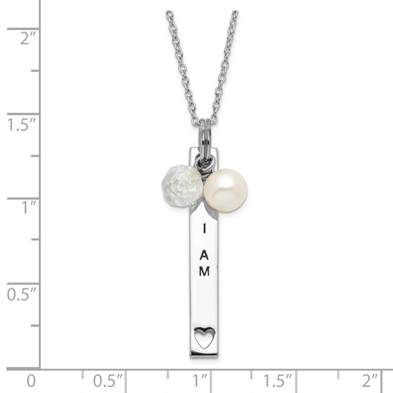 Sentimental Expressions Sterling Silver Polished & Antiqued Freshwater Cultured Pearl & CZ I Am A Keeper Necklace