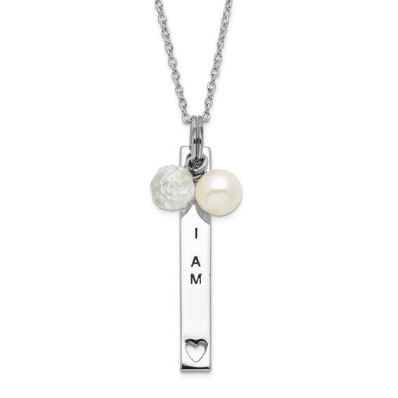 Sentimental Expressions Sterling Silver Polished & Antiqued Freshwater Cultured Pearl & CZ I Am A Keeper Necklace