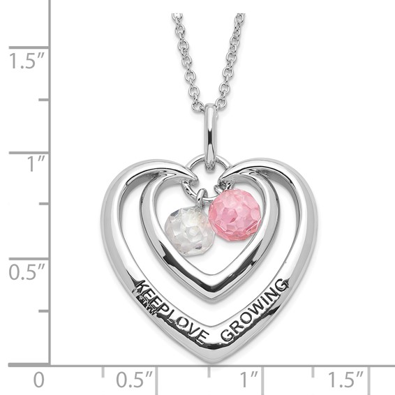 Sentimental Expressions Sterling Silver Polished & Antiqued Pink & Clear CZ Keep Love Growing Heart Necklace