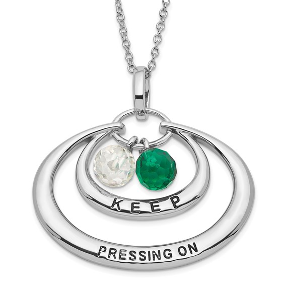 Sentimental Expressions Sterling Silver Polished & Antiqued Green & Clear CZ Keep Pressing On Necklace