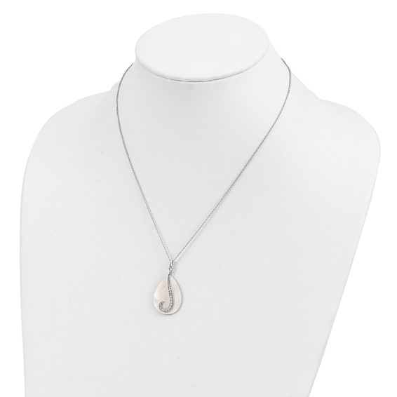 Sentimental Expressions Sterling Silver Rhodium-plated Mother of Pearl CZ Tear From Heaven 18in Necklace