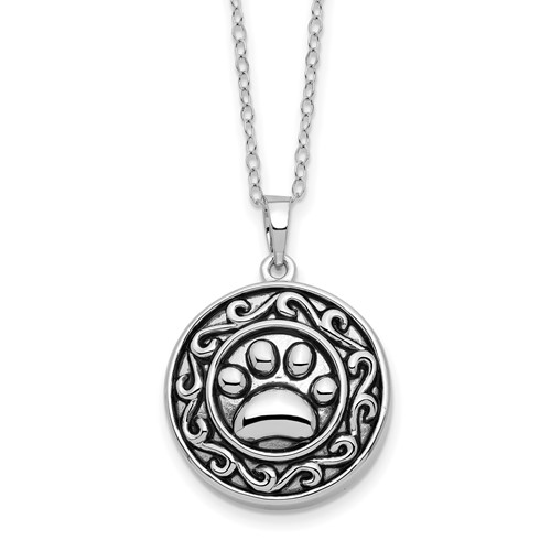 Sentimental Expressions Sterling Silver Rhodium-plated Antiqued Paw Ash Holder Necklace, 18"