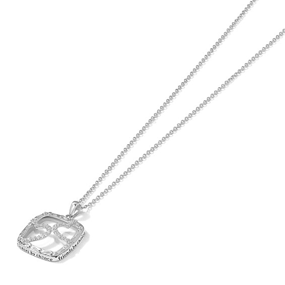 Sentimental Expressions Sterling Silver Rhodium-plated Antiqued CZ Sisters By Chance 18in Hearts Necklace