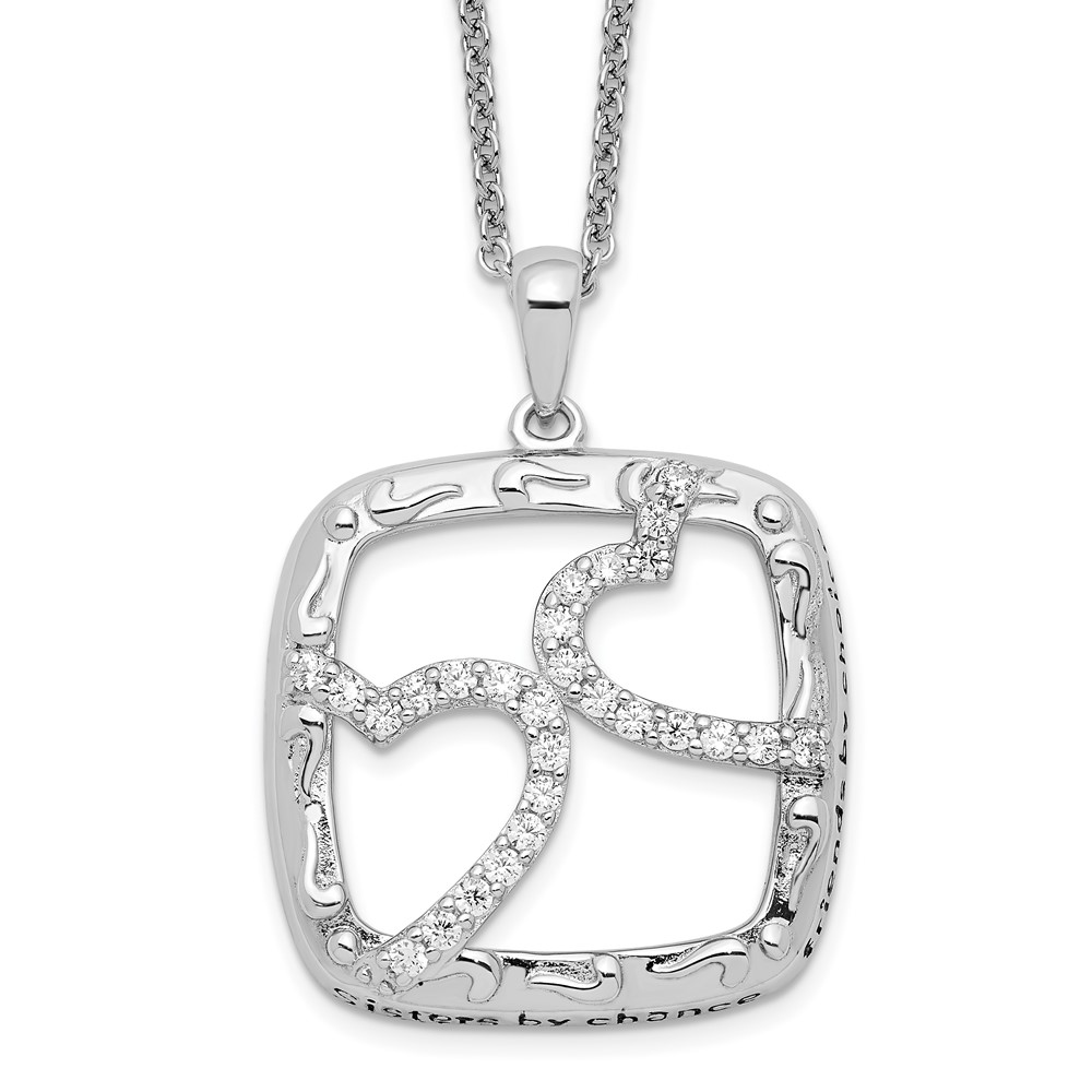 Sterling Silver Antiqued CZ Sisters By Chance 18in Hearts Necklace