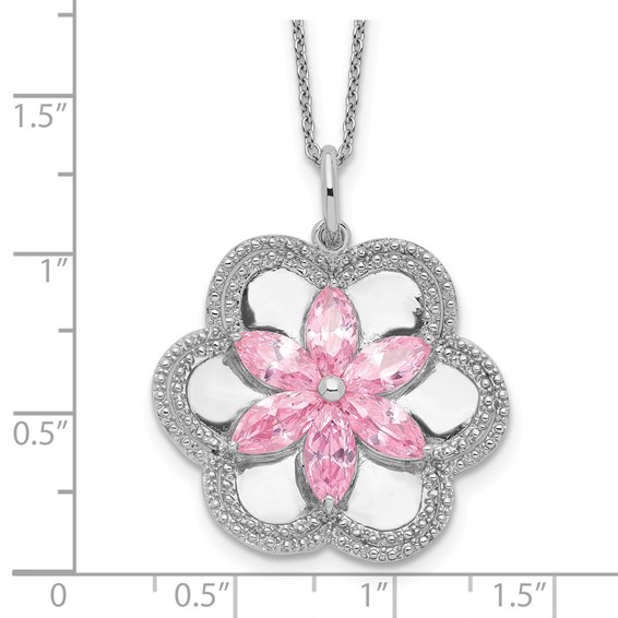 Sentimental Expressions Sterling Silver Rhodium-plated CZ Pretty in Pink Flower 18 Inch Necklace