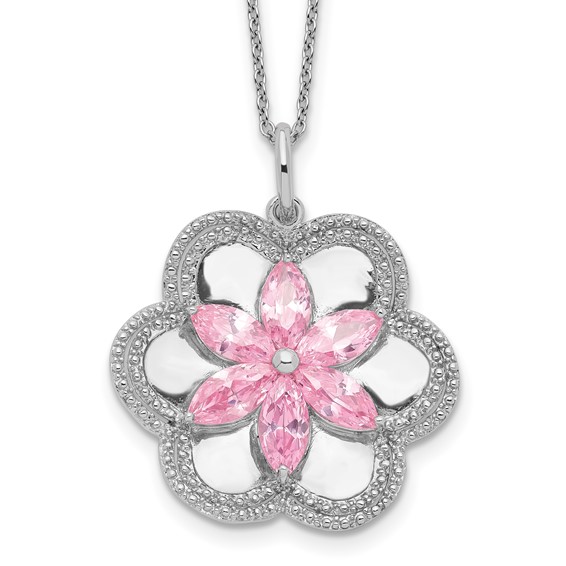 Sentimental Expressions Sterling Silver Rhodium-plated CZ Pretty in Pink Flower 18 Inch Necklace