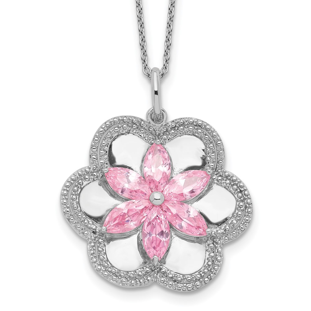 Sterling Silver CZ Pretty in Pink 18in Flower Necklace