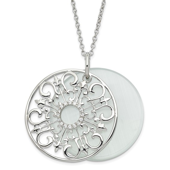 Sterling Silver CZ & Simulated Cat's Eye Be A Blessing Circle Necklace