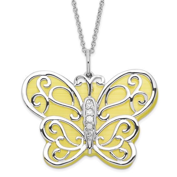 Sterling Silver CZ & Simulated Cat's Eye Believe You Can Butterfly Necklace