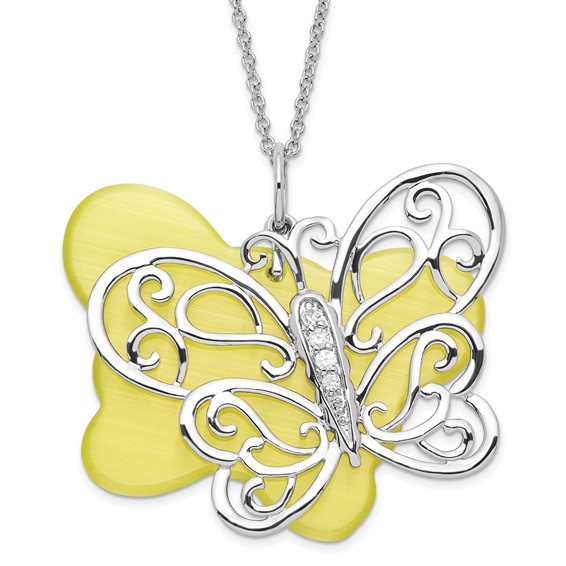 Sterling Silver CZ & Simulated Cat's Eye Believe You Can Butterfly Necklace