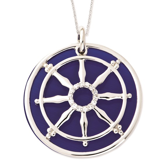 Sterling Silver CZ & Sim. Cat's Eye Stay On Target Ships Wheel Necklace