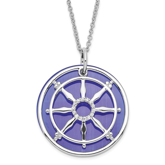 Sterling Silver CZ & Sim. Cat's Eye Stay On Target Ships Wheel Necklace