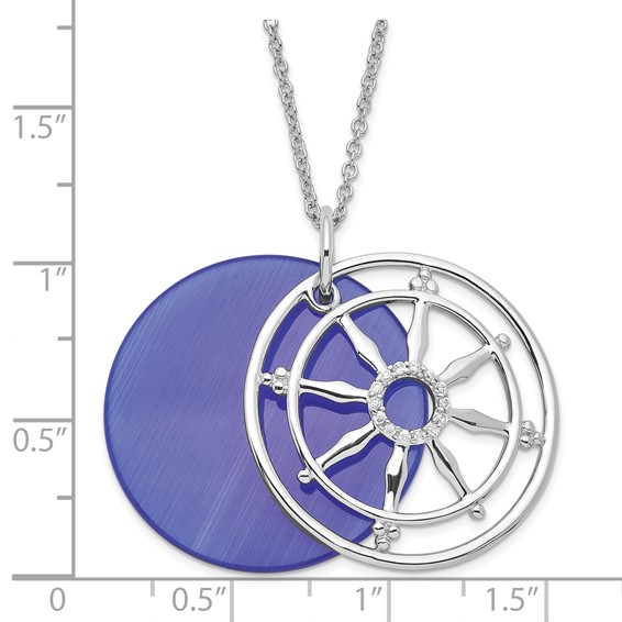 Sterling Silver CZ & Sim. Cat's Eye Stay On Target Ships Wheel Necklace