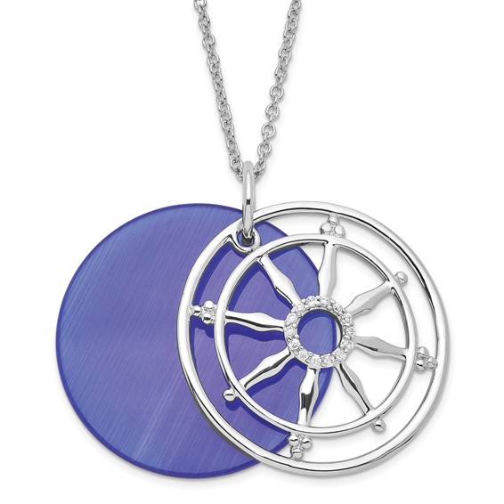 Sterling Silver CZ & Sim. Cat's Eye Stay On Target Ships Wheel Necklace