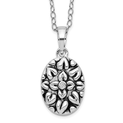 Sentimental Expressions Sterling Silver Rhodium-plated CZ Antiqued Flower Ash Holder Necklace, 18"
