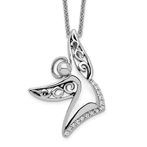 Sentimental Expressions Sterling Silver Rhodium-plated CZ Antiqued Angel of Joy Necklace, 18"