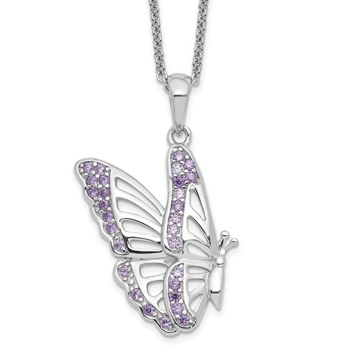 Sentimental Expressions Sterling Silver Rhodium-plated CZ Never Give Up Butterfly Necklace, 18"