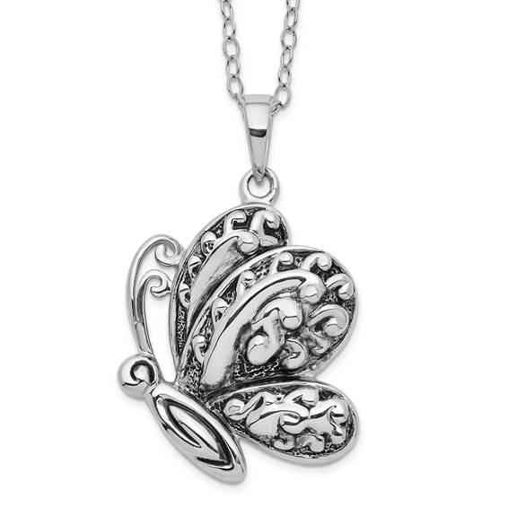 Sentimental Expressions Sterling Silver Rhodium-plated Antiqued Butterfly Ash Holder 18 Inch Necklace