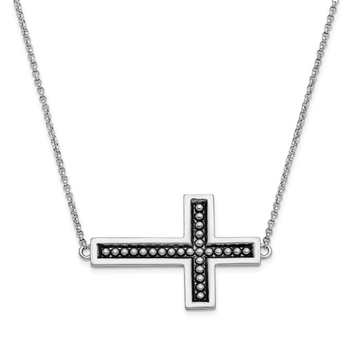 Sterling Silver Antiqued Cross Necklace with 0.75in Ext, 17.5"