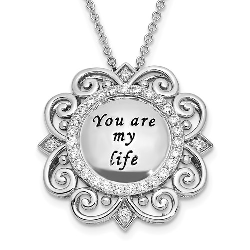 Sentimental Expressions Sterling Silver Rhodium-plated CZ Antiqued You Are My Life Necklace, 18"