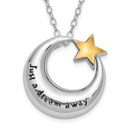 Sentimental Expressions Sterling Silver Rhodium Antiqued Just a Dream Away Moon Necklace with Gold-tone Accent Star Ash Holder, 18"
