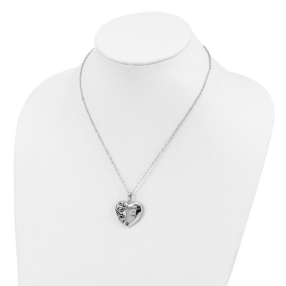 Sentimental Expressions Sterling Silver Rhodium-plated Antiqued Paw Print Remembered in Love Heart 18 Inch Necklace