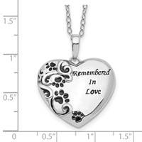Sentimental Expressions Sterling Silver Rhodium-plated Antiqued Paw Print Remembered in Love Heart Necklace, 18" view 4