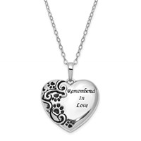 Sentimental Expressions Sterling Silver Rhodium-plated Antiqued Paw Print Remembered in Love Heart Necklace, 18" view 1