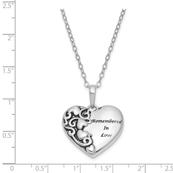 Sentimental Expressions Sterling Silver Rhodium-plated Antiqued Remembered in Love Heart 18 Inch Necklace