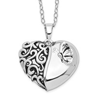 Sentimental Expressions Sterling Silver Rhodium-plated Antiqued One More Day Heart Shape Necklace with Butterfly Ash Holder, 18" view 1