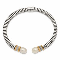 Shey Couture Sterling Silver Bracelet with 14K Accent Antiqued 10x 7.5mm Freshwater Cultured Pearl and Diamond Hinged Cuff view 2