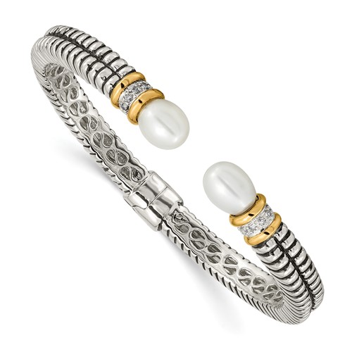 Shey Couture Sterling Silver Bracelet with 14K Accent Antiqued 10x 7.5mm Freshwater Cultured Pearl and Diamond Hinged Cuff