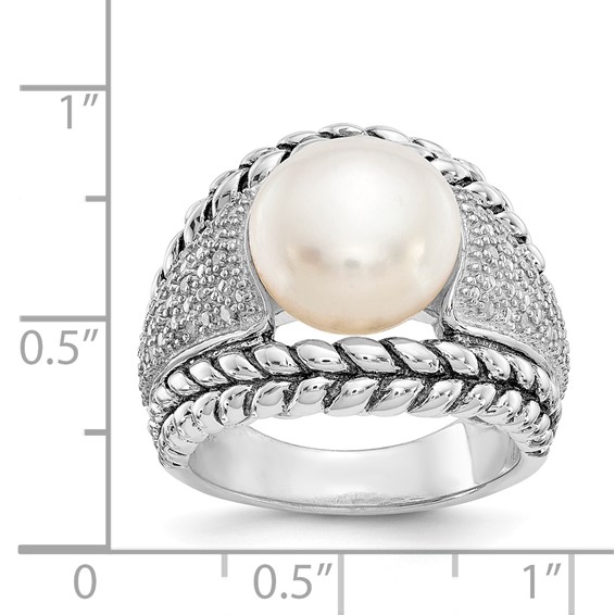 Shey Couture Sterling Silver Antiqued Freshwater Cultured Pearl and Diamond Ring