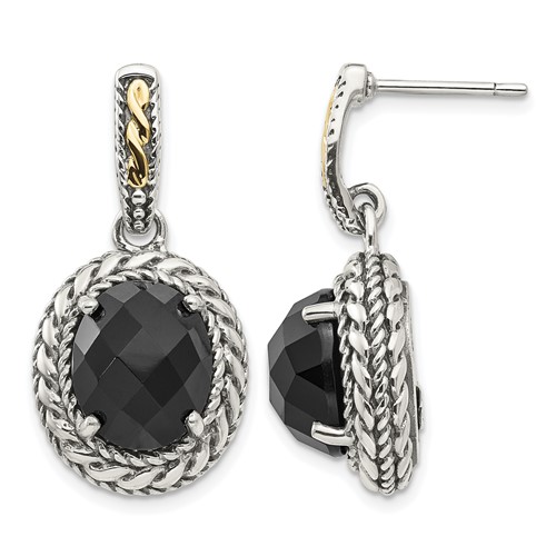 Shey Couture Sterling Silver Earrings with 14K Accent Antiqued Checkerboard-cut Black Onyx Post Dangle