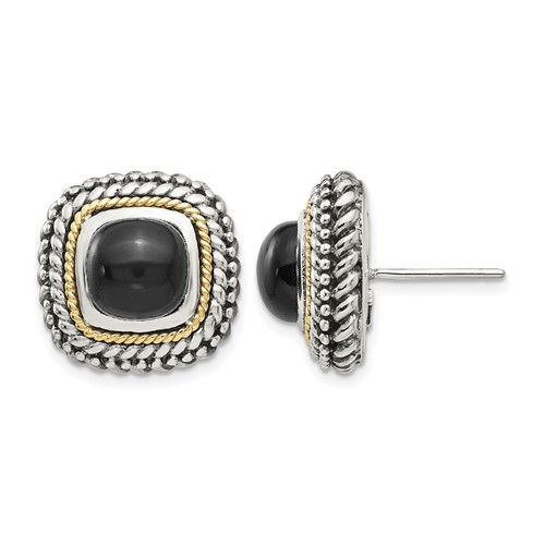 Shey Couture Sterling Silver Earrings with 14K Accent Antiqued Cabochon Black Onyx Post
