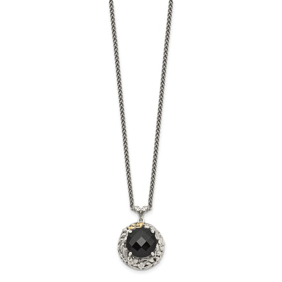 Shey Couture Sterling Silver with 14K Accent 18 Inch Antiqued Checkerboard-cut Black Onyx Necklace