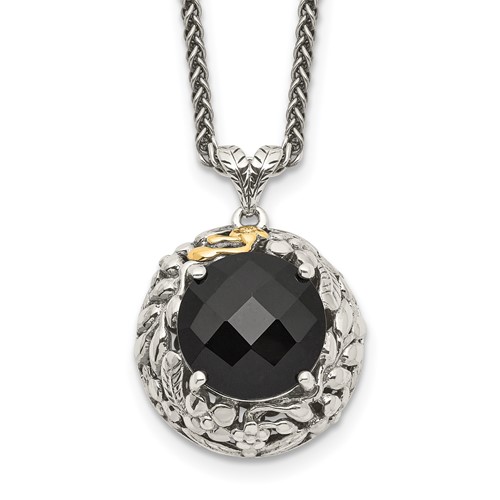 Shey Couture Sterling Silver Necklace with 14K Accent Antiqued Checkerboard-cut Black Onyx, 18"