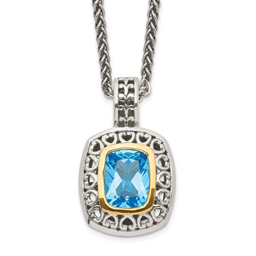 Shey Couture Sterling Silver Necklace with 14K Accent Antiqued Cushion Bezel Light Swiss Blue Topaz, 18"