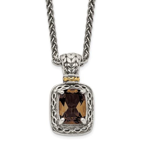 Shey Couture Sterling Silver Necklace with 14K Accent Antiqued Cushion Checkerboard Smoky Quartz, 18"