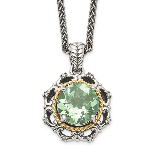 Shey Couture Sterling Silver Necklace with 14K Accent Antiqued Round Green Quartz and Diamond, 18"
