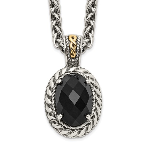 Shey Couture Sterling Silver Necklace with 14K Accent Antiqued Checkerboard-cut Black Onyx, 18"