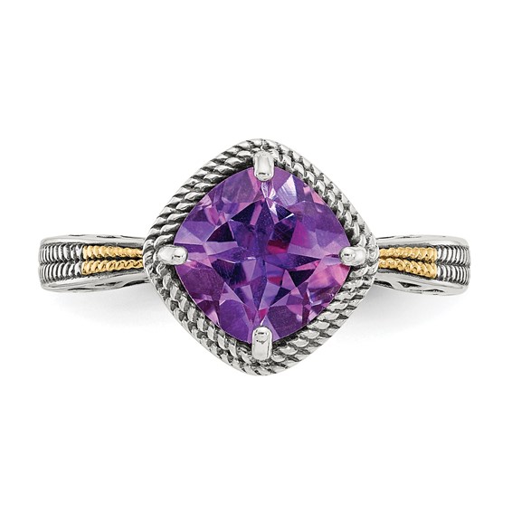 Shey Couture Sterling Silver with 14K Accent Antiqued Cushion Amethyst Ring