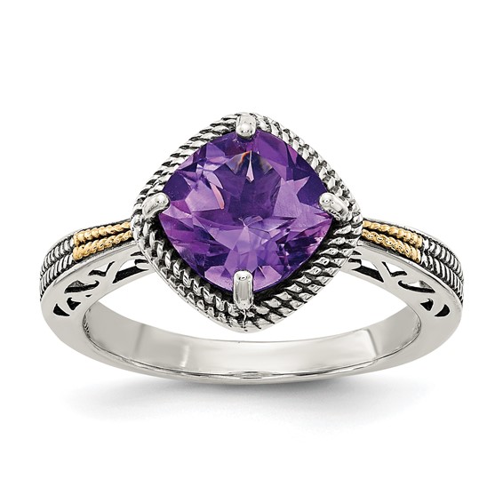 Shey Couture Sterling Silver with 14K Accent Antiqued Cushion Amethyst Ring